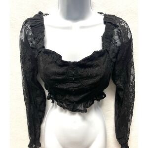 RenFaire‎ Black Lace Long Sleeve Babydoll Corset Crop Top M Fairy Grunge Goth